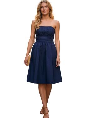 David's Bridal Navy Cotton Strapless Pleated Bodice/Skirt Cummerbund Dress (2)